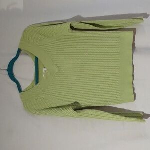 TALBOTS Light Lime Green V-Neck Cable Knit Sweater Petite Size